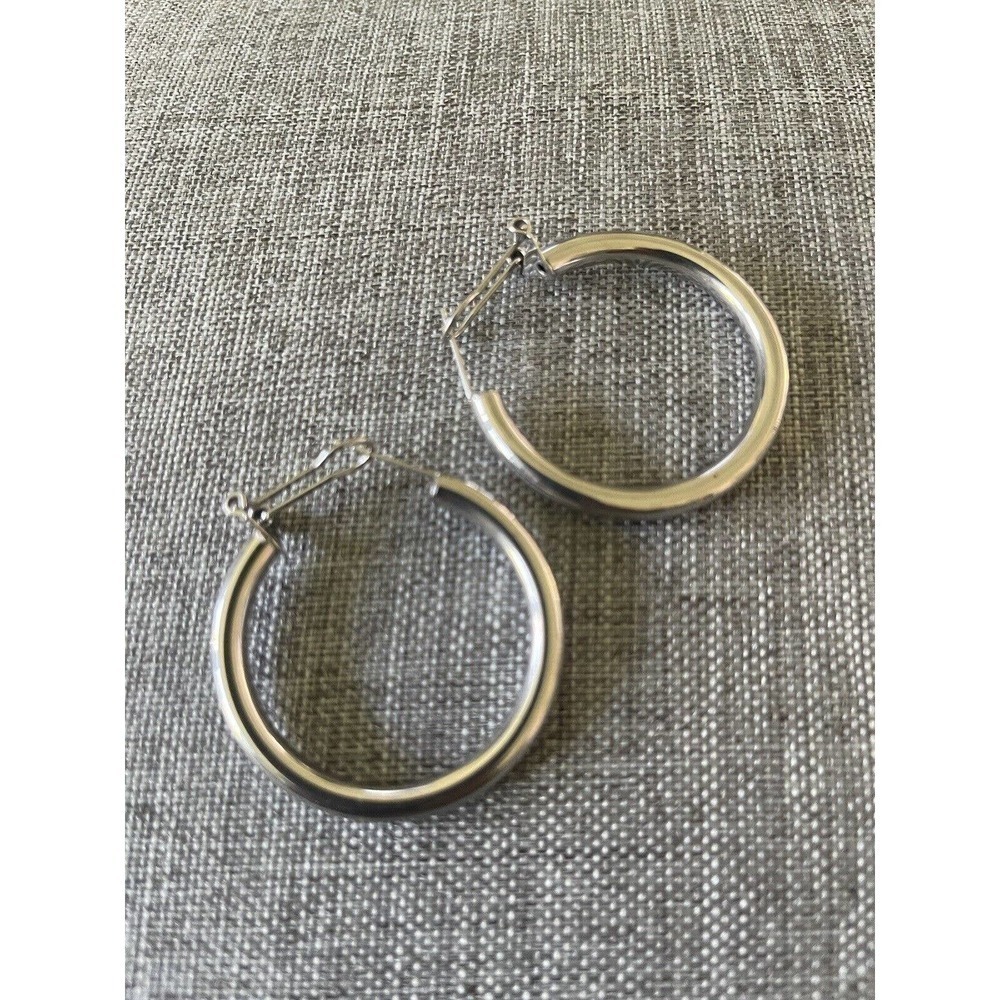 925 Sterling Silver 1.5” Thin Solid Womens Earrings Sterling Silver Hoops - Picture 4 of 5